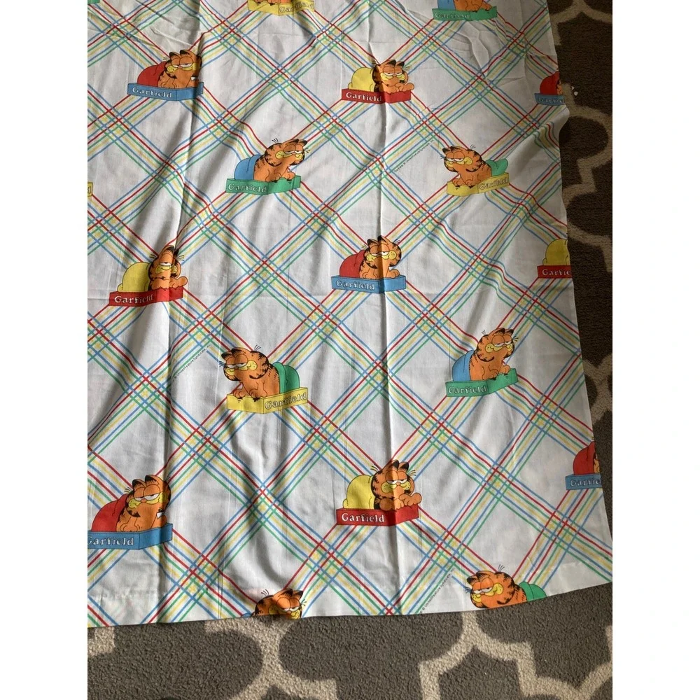 Vintage Garfield Cat Twin Flat Sheet Marlborough Rainbow Plaid Stripe USA Read‎